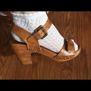 Topshop wood leather strappy clogs sandals 38 7.5